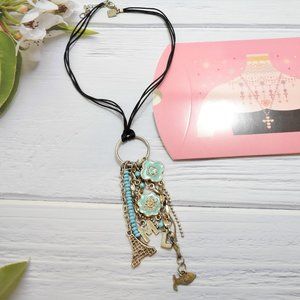 Blue Enamel Flower Circle Rope Charm Neclace